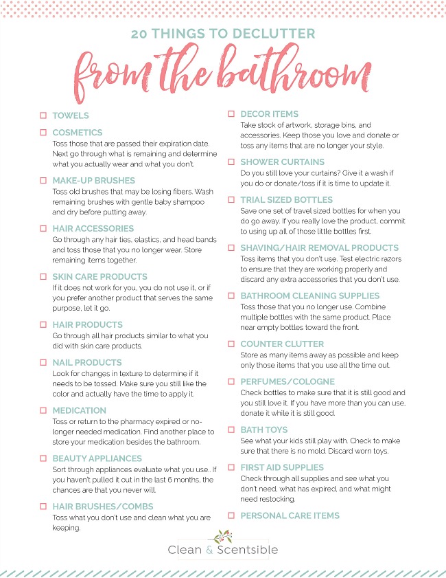 20 Items to Declutter from the Bathroom free printable checklist.
