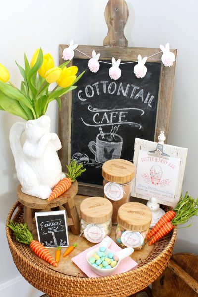 Cute Easter hot chocolate bar with mason jars and free printable Easter hot chocolate bar labels and print.