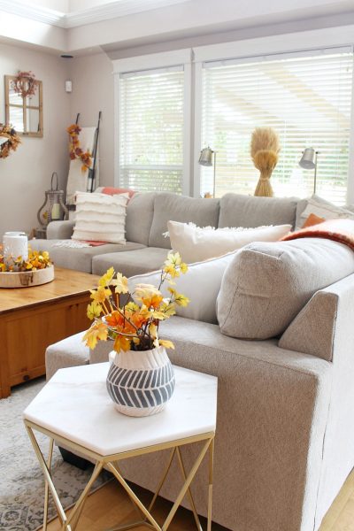 Modern farmhouse style living room decorated with traditional fall colors.