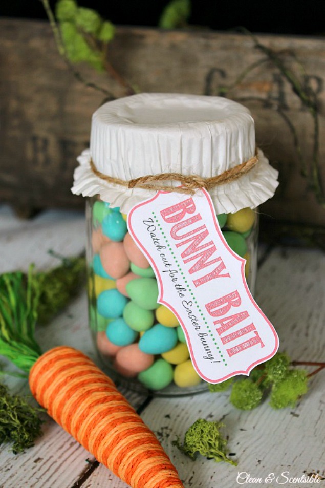 Bunny Bait free printable Easter tag tied onto a mason jar filled with mini-eggs.