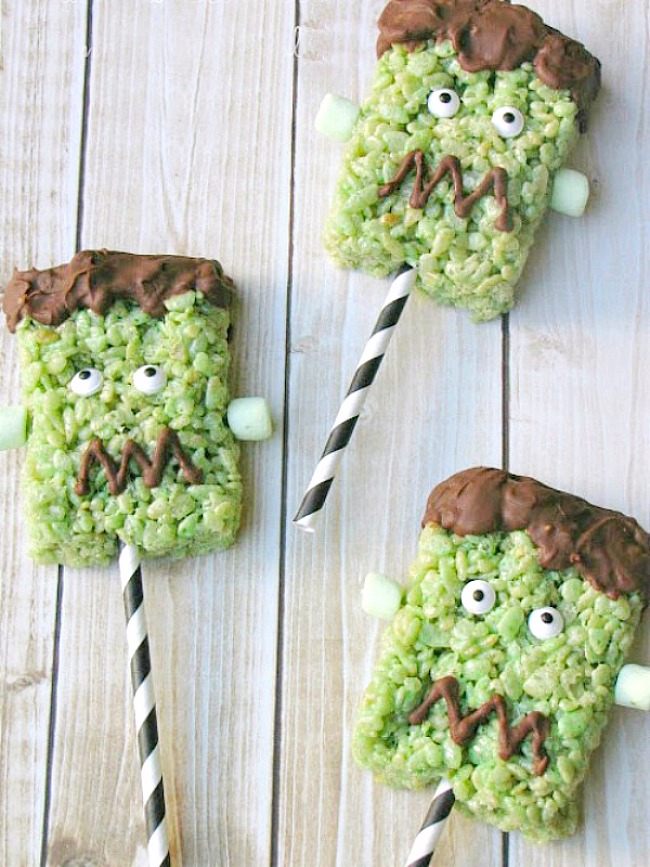 Cute Frankenstein Rice Krispie Treats on a stick.