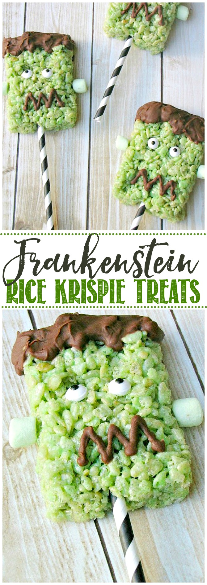 Cute Frankenstein Rice Krispie treat with paper straw handle.