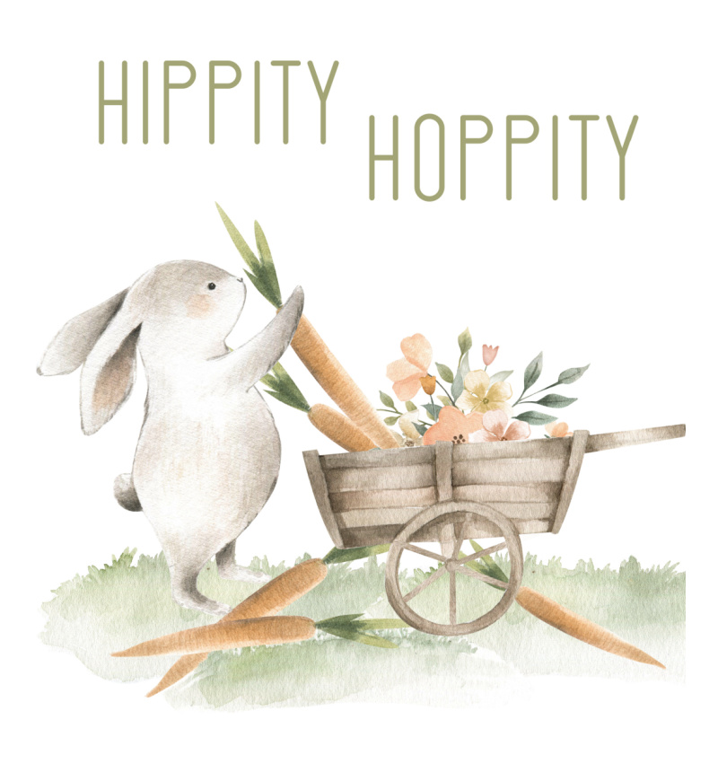Hippity Hoppity free Easter bunny print with bunny and a wagon of carrots.