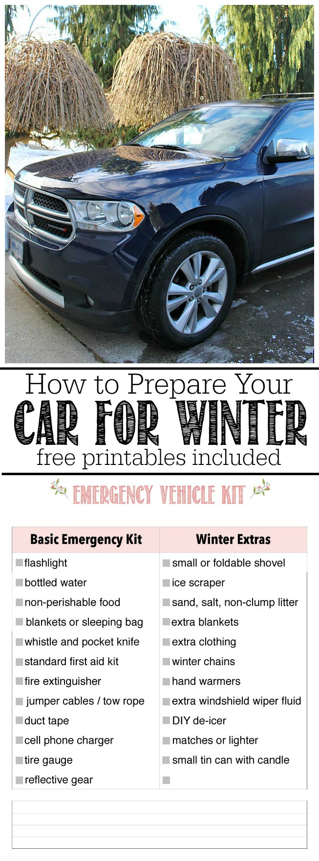 How to prepare an emergency kit for your care and prepare your car for winter driving. Stay safe! Free printables for family binder included.
