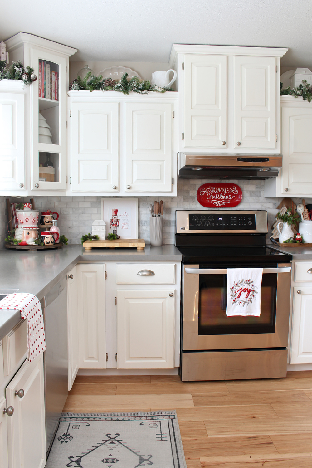 White kitchen dressed up for the holidays with Nutcracker inspired decor.
