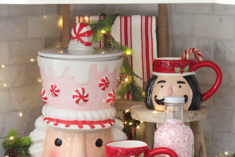 Christmas tray with Nutcracker cookie jar and mugs.