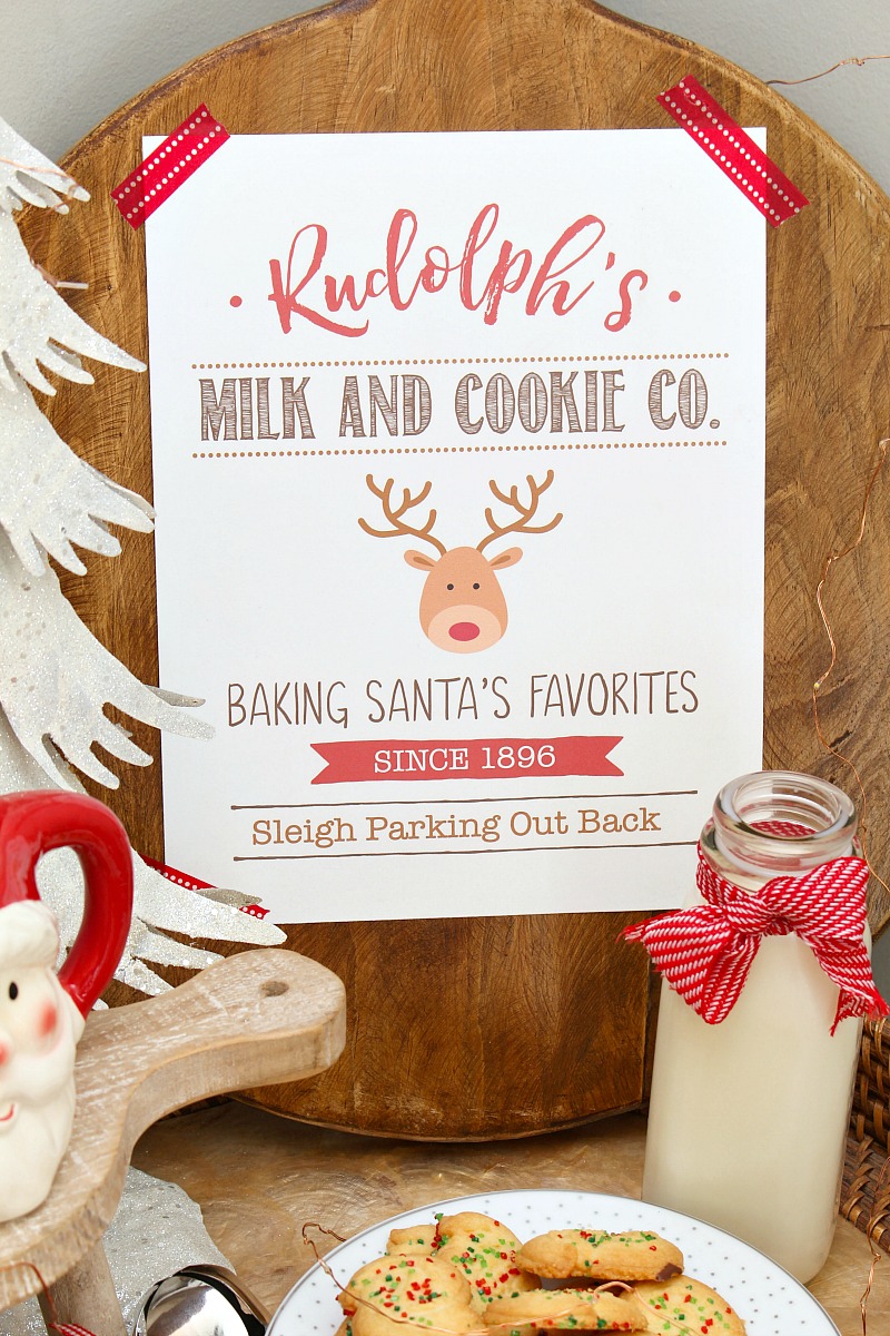 Adorable milk and cookie bar with free Rudolph's Milk and Cookie Co. free Christmas printable.