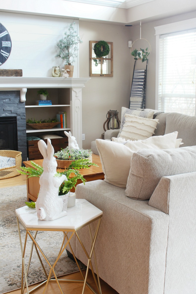 Transitional style family room decorated for spring.