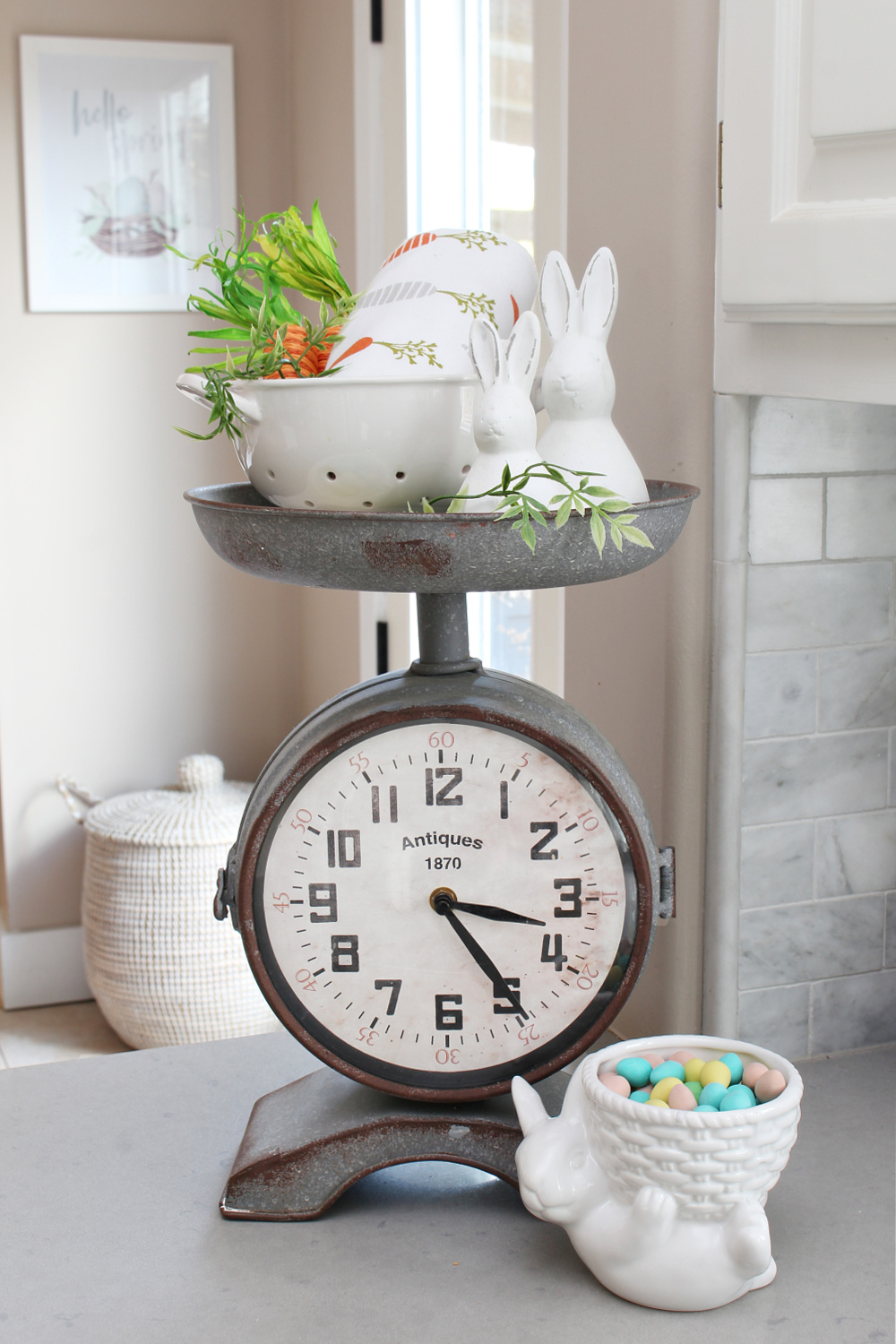 Simple Easter vignette in a kitchen.