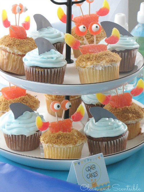 Lots of cute Under the Sea food ideas. Love the crab cupcakes!