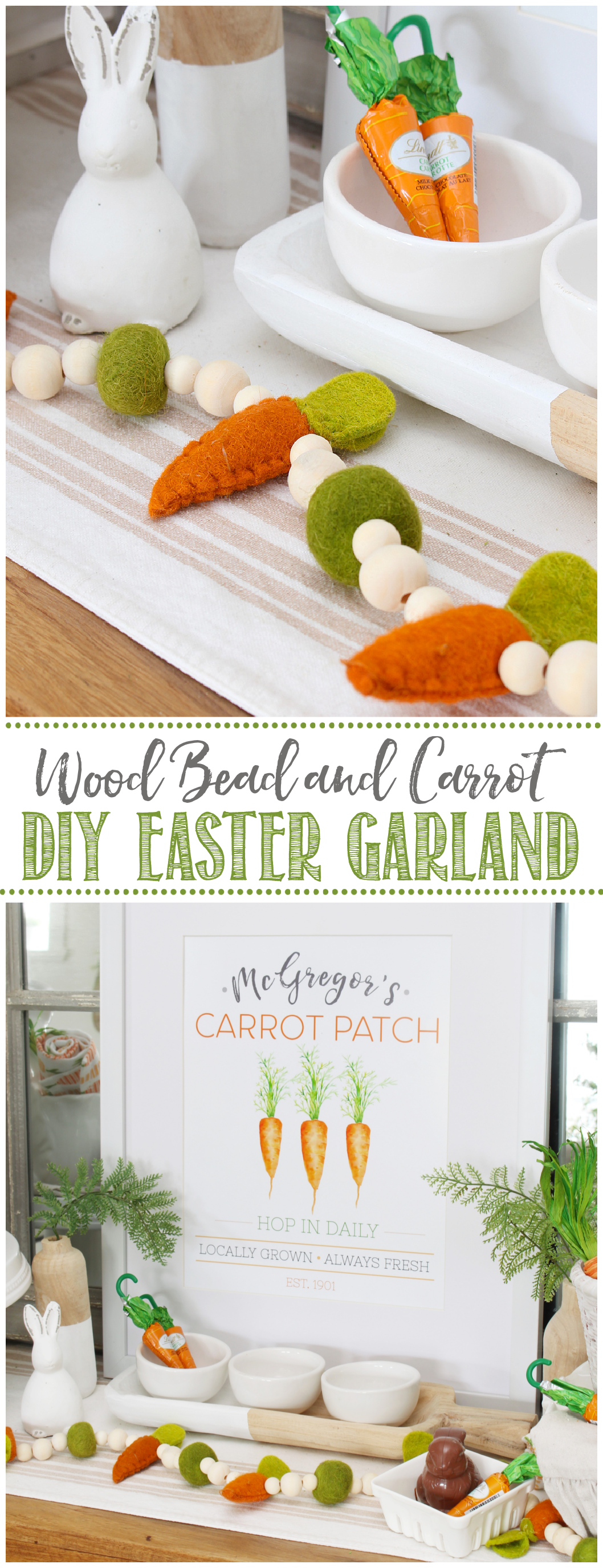 Felted carrot and wood bead Easter garland in an Easter vignette.
