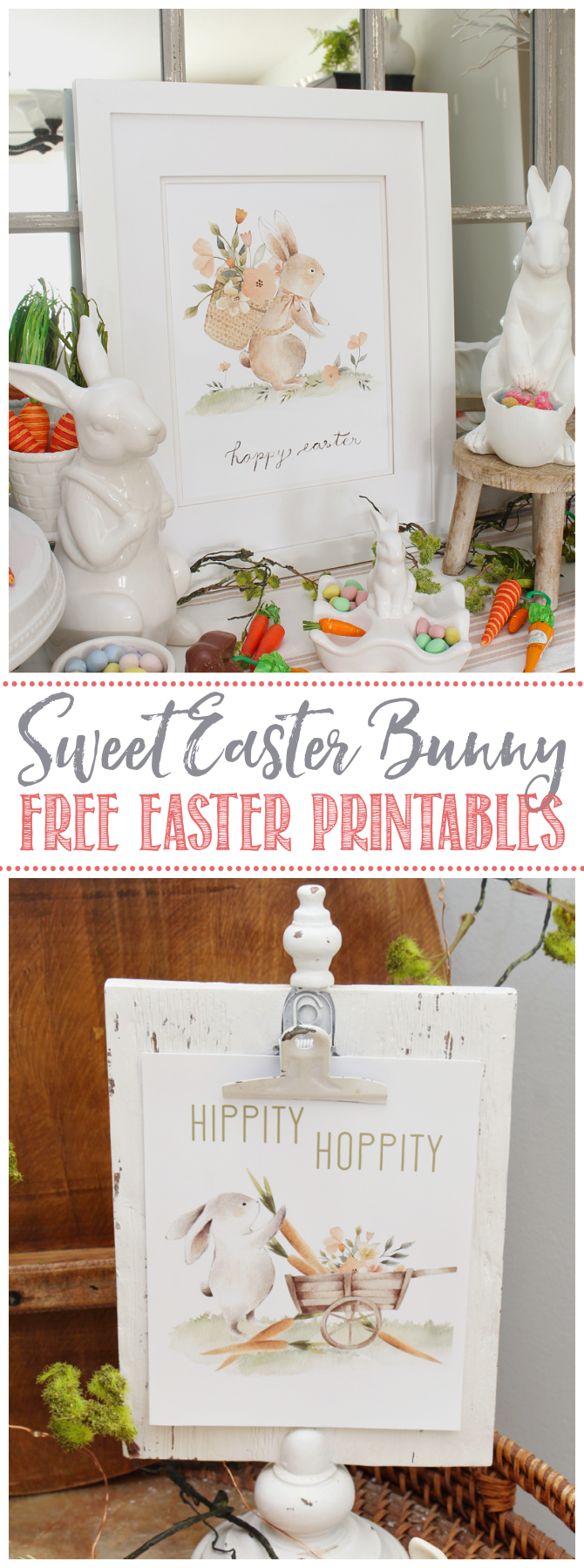 Sweet Easter bunny printables displayed in Easter vignettes.