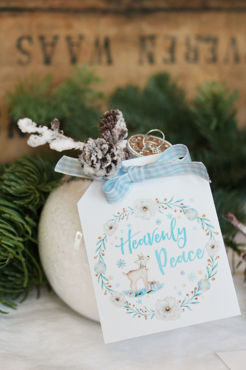 DIY bath salts in a clear Christmas ornament with free "Heavenly Peace" tag. Such a cute Christmas gift idea!