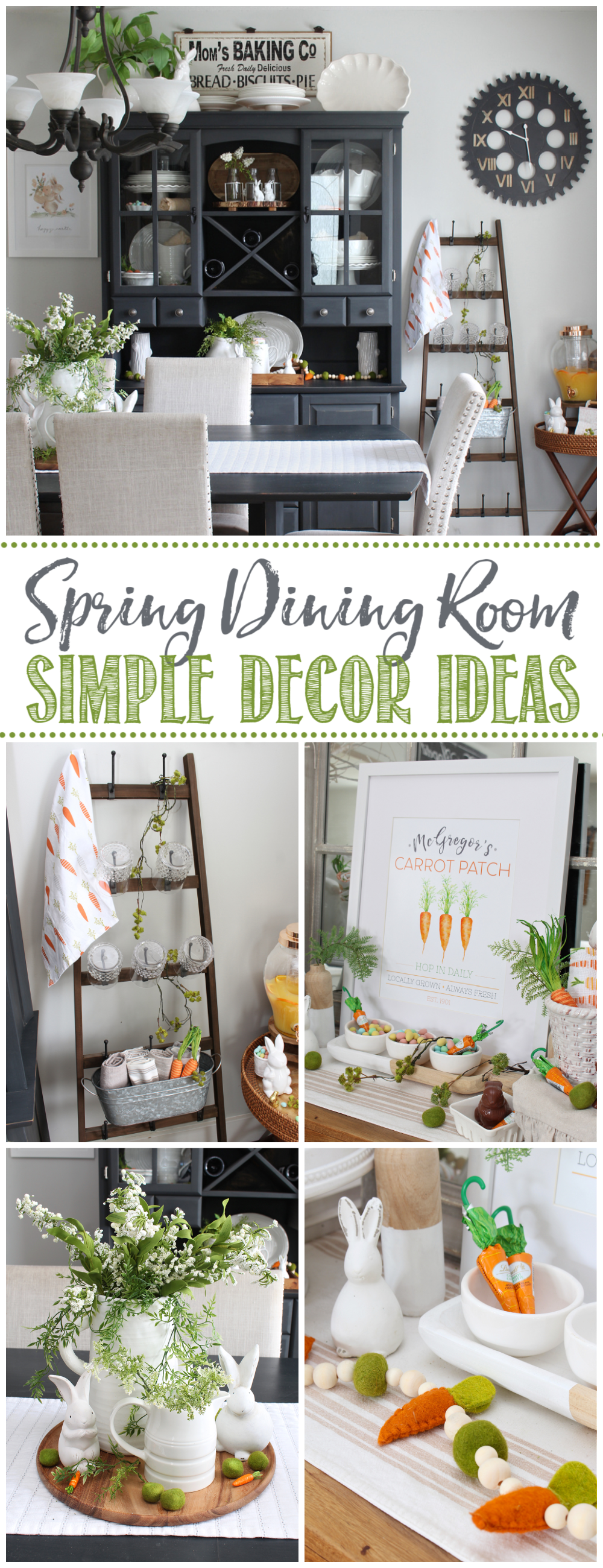 Collage of simple spring decor ideas with a carrot theme.